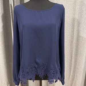 Vintage Navy Blue Lace Hem Women's Top - Size M